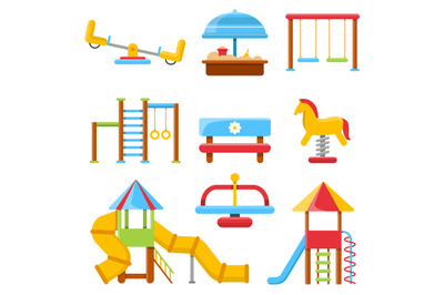 Flat illustrations of kids playground with various equipment