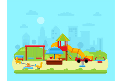 Vector illustration of urban landscape with park and childrens playgro