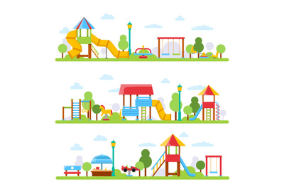 Horizontal illustrations with various views of children playground in