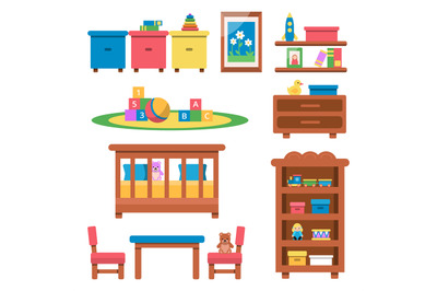 Vector flat illustrations of toys and furniture for preschool kids
