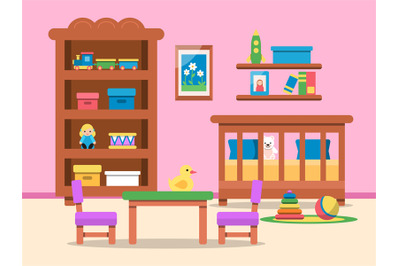 Vector picture of kids room interior. Bed, table and various toys