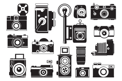 Pictures set of retro cameras. Vector monochrome illustrations