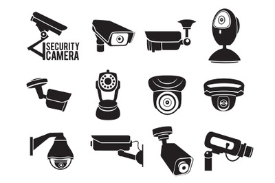 Monochrome vector illustrations of security video cameras