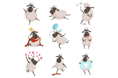 Cartoon farm animals. Sheep playing and making different actions. Vect