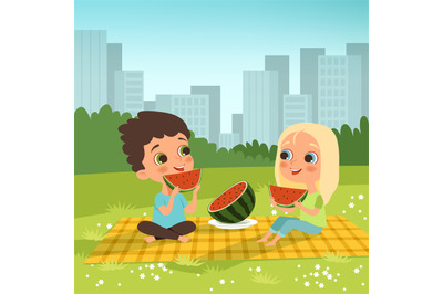 Kids couple sitting in the urban garden and eat some fruits. Picnic co