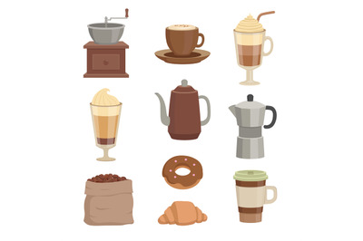 Vector illustrations for cafe. Various cups and vessels for coffee tim