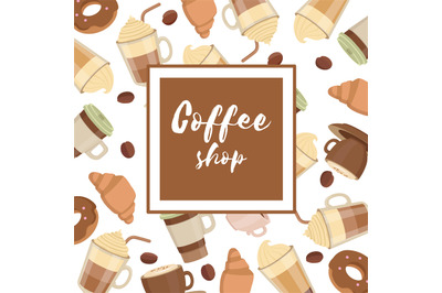 Background illustration with various coffee cups. Design poster templa