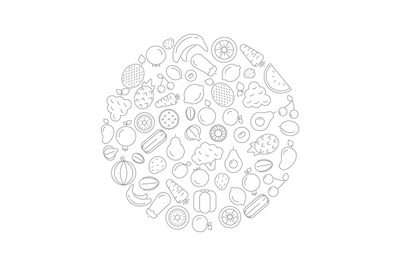 Fruits and vegetables in circle. Vector linear pictures of various fru