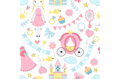 Princess seamless pattern. Various fairytale attributes