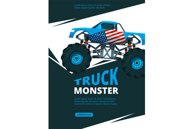 Monster truck poster. Design template of retro placard with illustrati