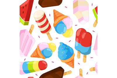 Ice cream seamless pattern. Colored cartoon pictures of ice cream