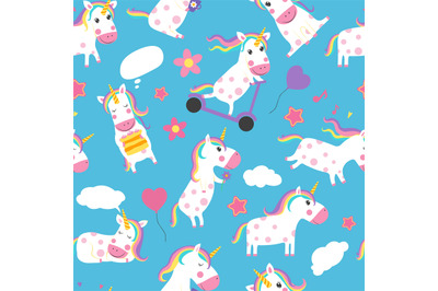 Unicorns seamless pattern. Various fairytale symbols with cute cartoon