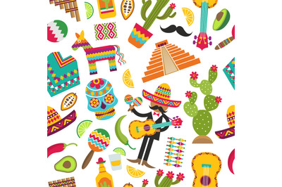 Mexican seamless pattern. Colored pictures of various mexican symbols