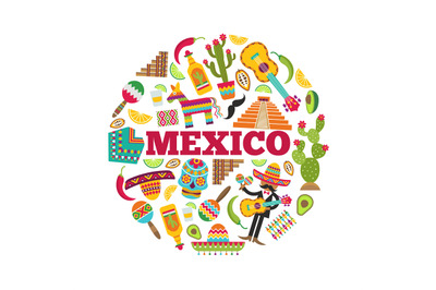 Mexican symbols. Circle shape with various colored pictures of mexican