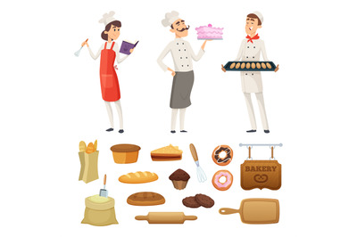 Bakers male and female at work. Characters in different poses