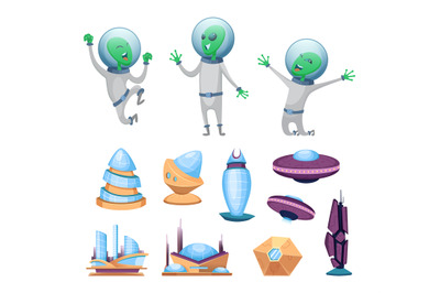 Space futuristic buildings and ufo ships. Various characters of aliens