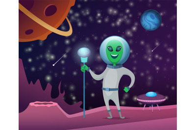 Space background with character of funny alien