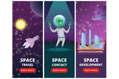 Vector vertical banners with pictures of space backgrounds with aliens