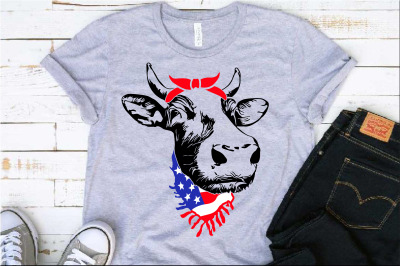 Cow Head whit Bandana and Scarf US flag SVG cowboy Heifer Farm 1293s