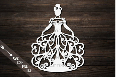 Bride in a floral swirls dress Wedding paper cut laser cut svg