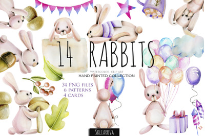 14 Rabbits. Watercolor clip art.
