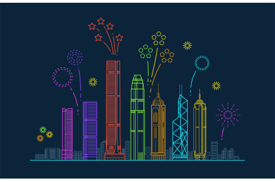 Hong kong city vector panorama with festive fireworks. China line city