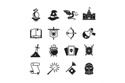 Fantasy medieval tale vector icons. Mystery magic and knight pictogram