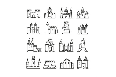 Medieval castle and ancient tower fortress line vector icons