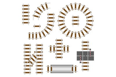 Railway structural elements. Top view railroad tracks vector set