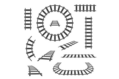 Straight and curved railroad tracks vector black icons
