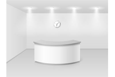 Office or hotel interior with reception counter desk 3d vector illustr