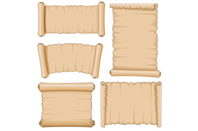 Blank cartoon old scrolls of papyrus paper vector set