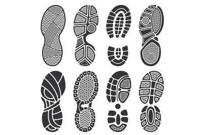 Isolated footprint vector silhouettes. Dirty shoes and sneakers footpr