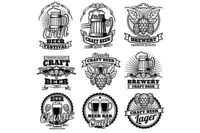 Vintage beer drink bar vector labels. Retro brewery emblems and logos