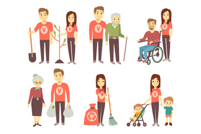 Volunteer helping to disabled people vector characters set for volunte