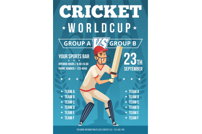 Sport poster of cricket. Placard invitation at championship of cricket