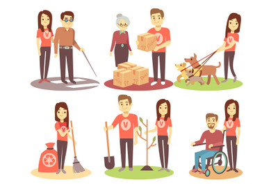 Volunteering and supporting people vector flat icons with young volunt