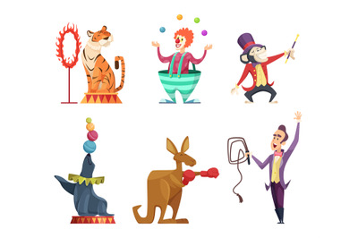 Circus cartoon characters. Vector mascots isolate on white