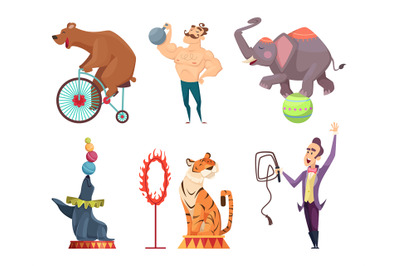 Circus mascots. Clouns, performers, juggler and other characters of ci