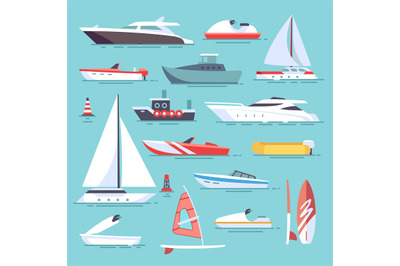 Sea boats and little fishing ships. Sailboats flat vector icons