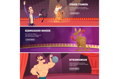 Banners of circus show. Vector illustrations of various circus artists