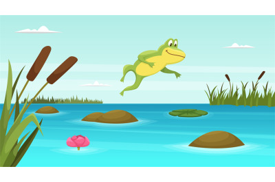 Frog jumping in pond. Vector cartoon background