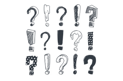 Grunge doodle sketch exclamation and question marks vector set