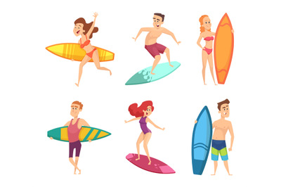 Summer surf characters. Vector funny mascots in various action poses