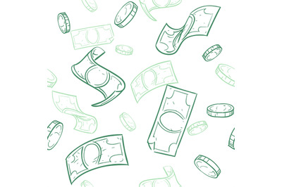 Doodle cash flow. Raining money seamless vector pattern. Falling sketc