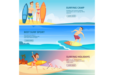 Surfing banners illustrations. Surfers people Vector design templates