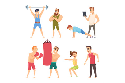 Personal trainer in gym. Vector set characters