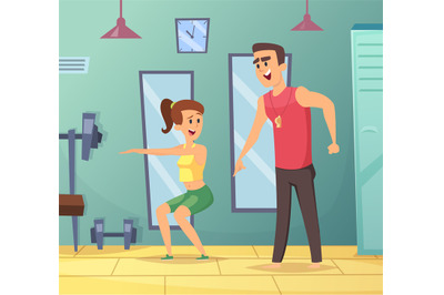 Gym background. Cartoon sport characters male and female. Personal tra