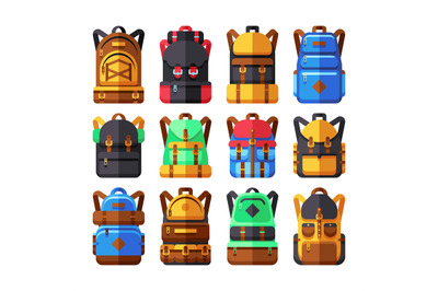 Tourist backpack vector flat icons. Hiker knapsack isolated on white