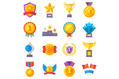 Trophy medals and winning ribbon success icons. Win awards vector winn
